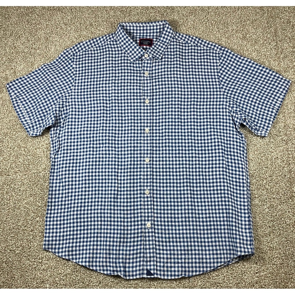 UNTUCKit Robibero Navy Gingham 100% Linen Short Sleeve Shirt Mens XL 34545